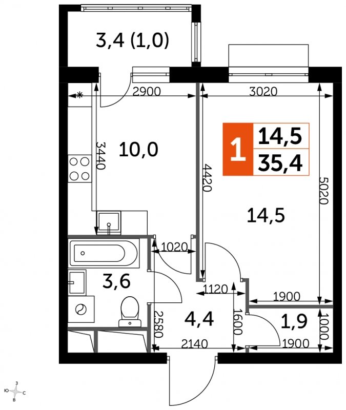1-комнатная квартира с полной отделкой, 35.4 м2, 2 этаж, сдача 3 квартал 2023 г., ЖК UP-квартал Римский, корпус 7 - объявление 1710713 - фото №1