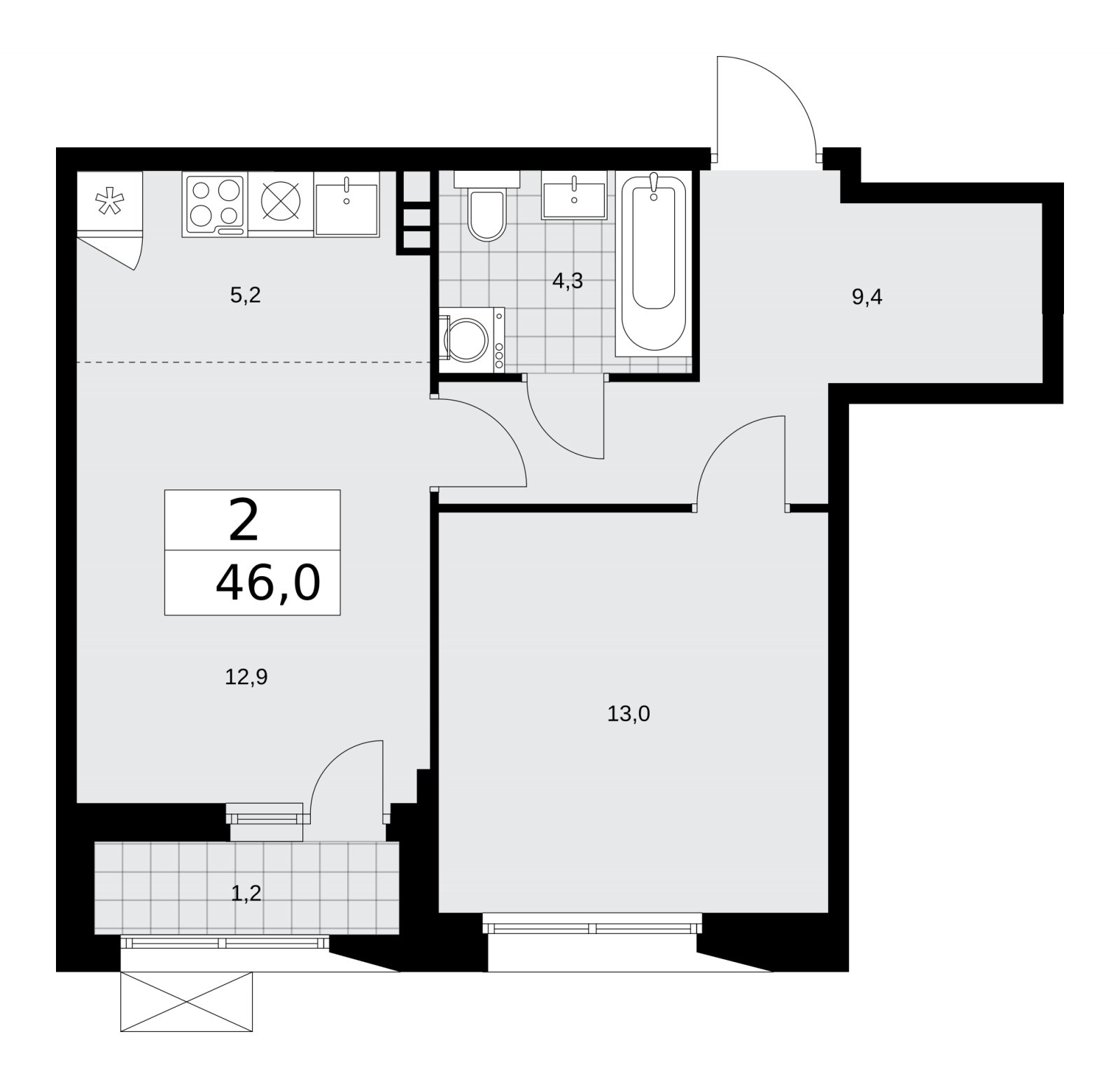 2-комнатная квартира (евро) без отделки, 46 м2, 4 этаж, сдача 4 квартал 2025 г., ЖК Бунинские кварталы, корпус 6.6 - объявление 2252959 - фото №1