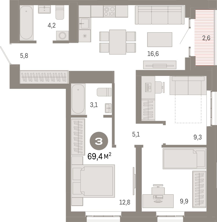 3-комнатная квартира с частичной отделкой, 69.4 м2, 12 этаж, сдача 3 квартал 2026 г., ЖК Квартал Метроном, корпус 1 - объявление 2358184 - фото №1