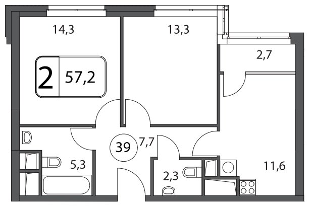 2-комнатная квартира без отделки, 57.2 м2, 14 этаж, дом сдан, ЖК Апарт-Комплекс Волга, корпус 1 - объявление 1569107 - фото №1