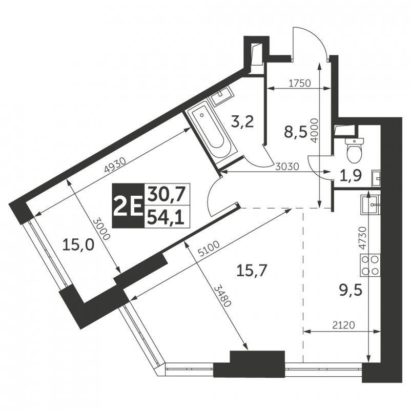 2-комнатная квартира без отделки, 54.1 м2, 38 этаж, сдача 4 квартал 2023 г., ЖК Архитектор, корпус 3 - объявление 1612620 - фото №1