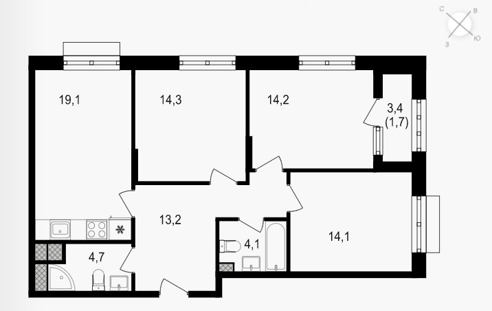 3-комнатная квартира без отделки, 85.4 м2, 11 этаж, сдача 3 квартал 2024 г., ЖК Михалковский, корпус 3 - объявление 2266293 - фото №1