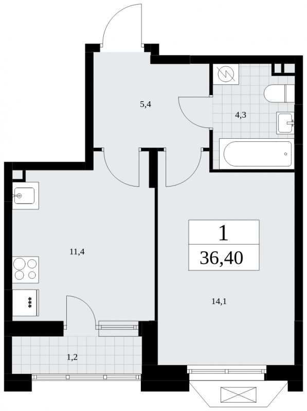 1-комнатная квартира без отделки, 36.4 м2, 3 этаж, сдача 4 квартал 2024 г., ЖК Бунинские кварталы, корпус 1.3 - объявление 1880866 - фото №1