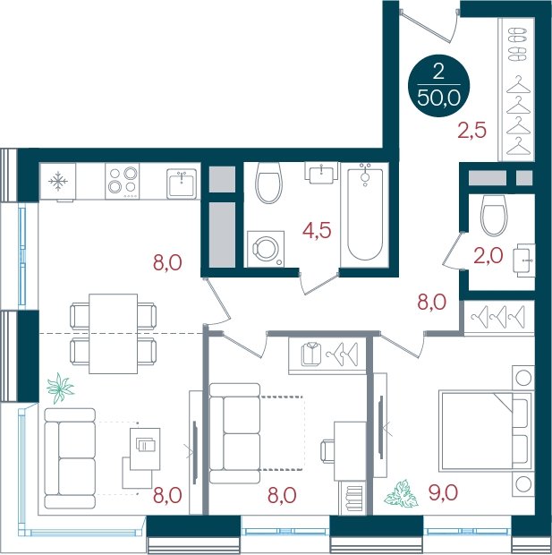 2-комнатная квартира без отделки, 50 м2, 12 этаж, дом сдан, ЖК РУСИЧ Новые Котельники, корпус 1 - объявление 2433545 - фото №1