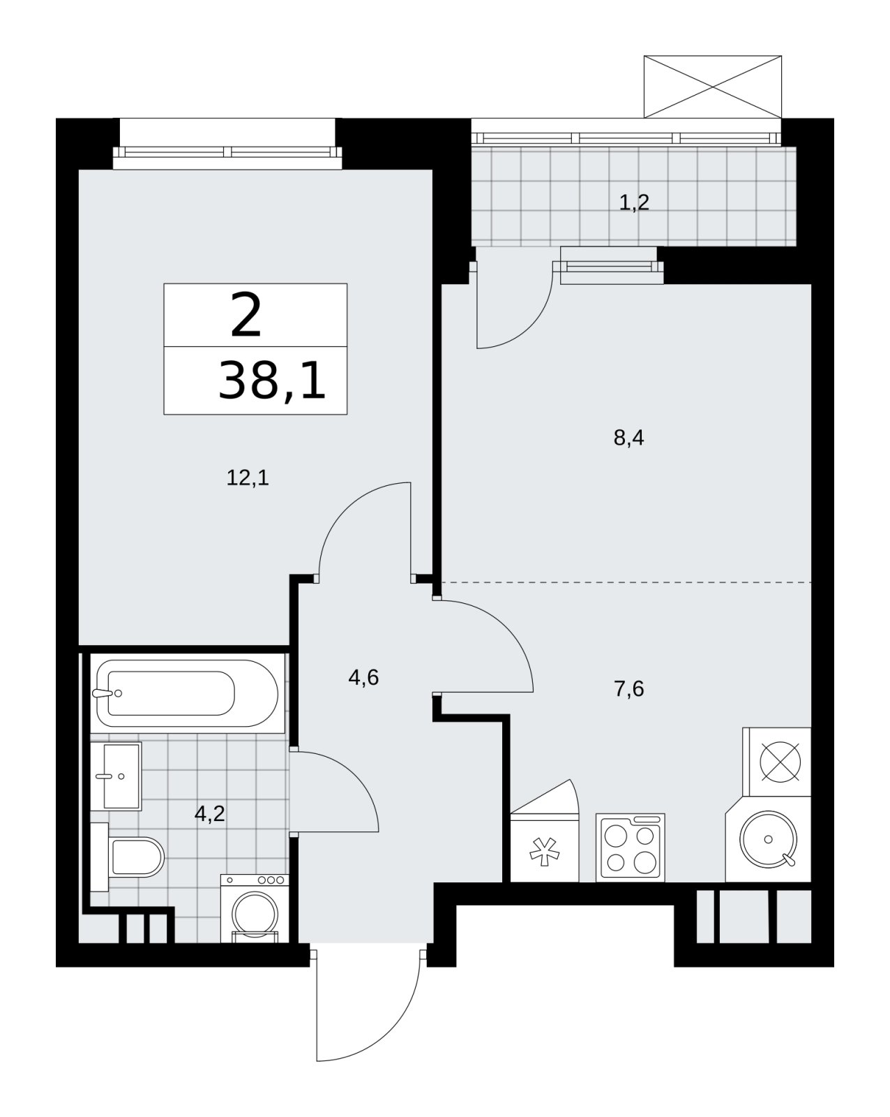 2-комнатная квартира (евро) без отделки, 38.1 м2, 4 этаж, сдача 2 квартал 2026 г., ЖК Скандинавия, корпус 25.5 - объявление 2283771 - фото №1
