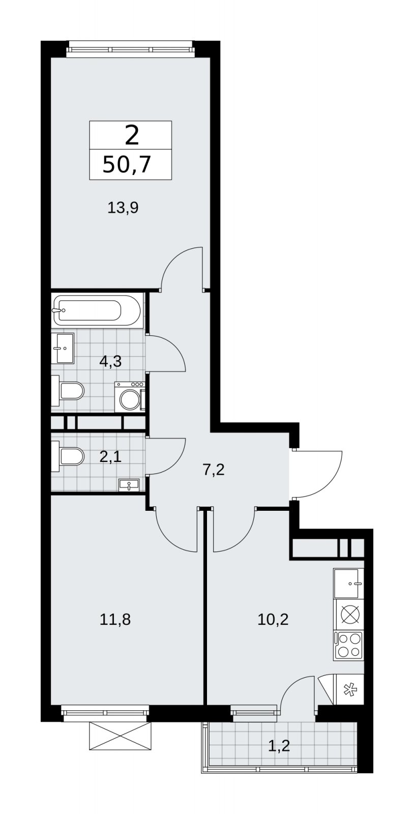 2-комнатная квартира без отделки, 50.7 м2, 13 этаж, сдача 4 квартал 2025 г., ЖК Прокшино, корпус 11.1.4 - объявление 2257837 - фото №1