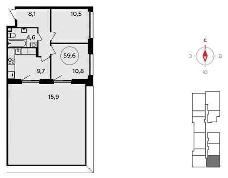 2-комнатная квартира с полной отделкой, 59.6 м2, 2 этаж, сдача 4 квартал 2023 г., ЖК Прокшино, корпус 4.1 - объявление 1503404 - фото №1
