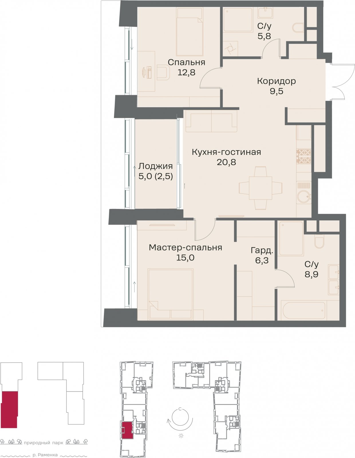 2-комнатная квартира без отделки, 81.6 м2, 3 этаж, сдача 4 квартал 2026 г., ЖК РЕКА, корпус 3 - объявление 2342401 - фото №1
