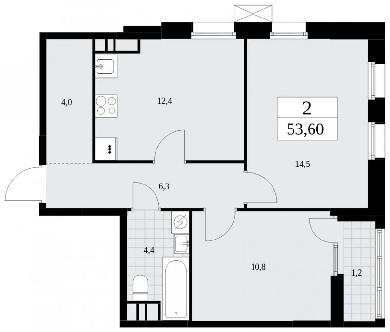 2-комнатная квартира с частичной отделкой, 53.6 м2, 10 этаж, сдача 3 квартал 2025 г., ЖК Дзен-кварталы, корпус 2.1 - объявление 1932225 - фото №1