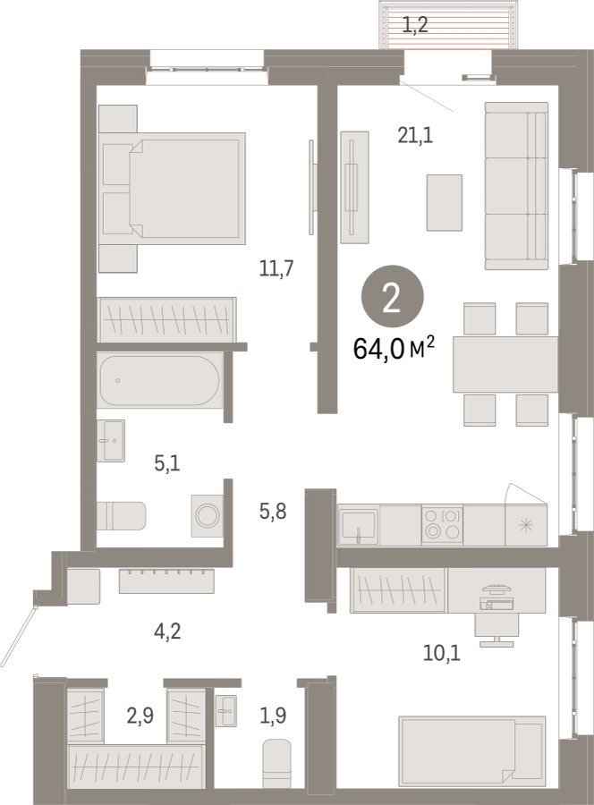 2-комнатная квартира с частичной отделкой, 64 м2, 10 этаж, сдача 3 квартал 2026 г., ЖК Квартал Метроном, корпус 1 - объявление 2342531 - фото №1