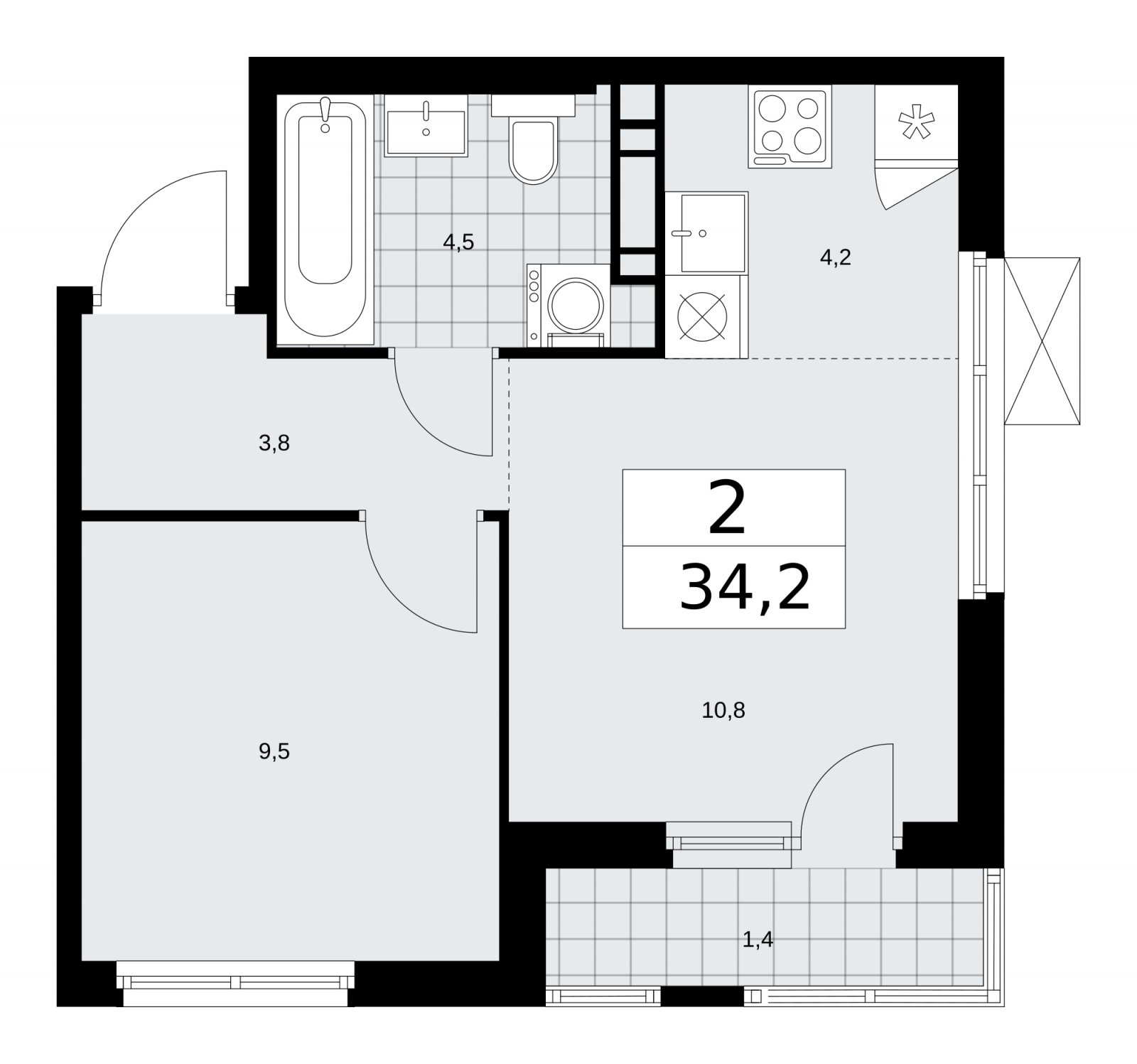 2-комнатная квартира (евро) без отделки, 34.2 м2, 6 этаж, сдача 4 квартал 2025 г., ЖК Прокшино, корпус 11.1.4 - объявление 2257806 - фото №1