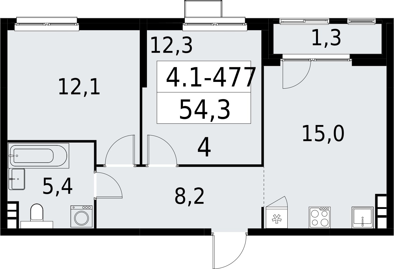 2-комнатная квартира с полной отделкой, 54.3 м2, 12 этаж, сдача 2 квартал 2027 г., ЖК Южные сады, корпус 4.1.2 - объявление 2392982 - фото №1