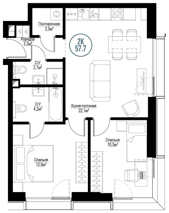 2-комнатная квартира с частичной отделкой, 57.7 м2, 7 этаж, сдача 3 квартал 2024 г., ЖК Метрополия, корпус Copenhagen - объявление 1937515 - фото №1