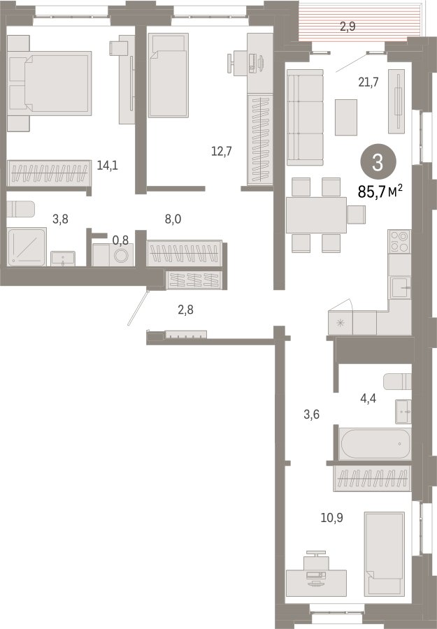 3-комнатная квартира 85.7 м2, 5 этаж, сдача 3 квартал 2026 г., ЖК Квартал Метроном, корпус 1 - объявление 2330863 - фото №1