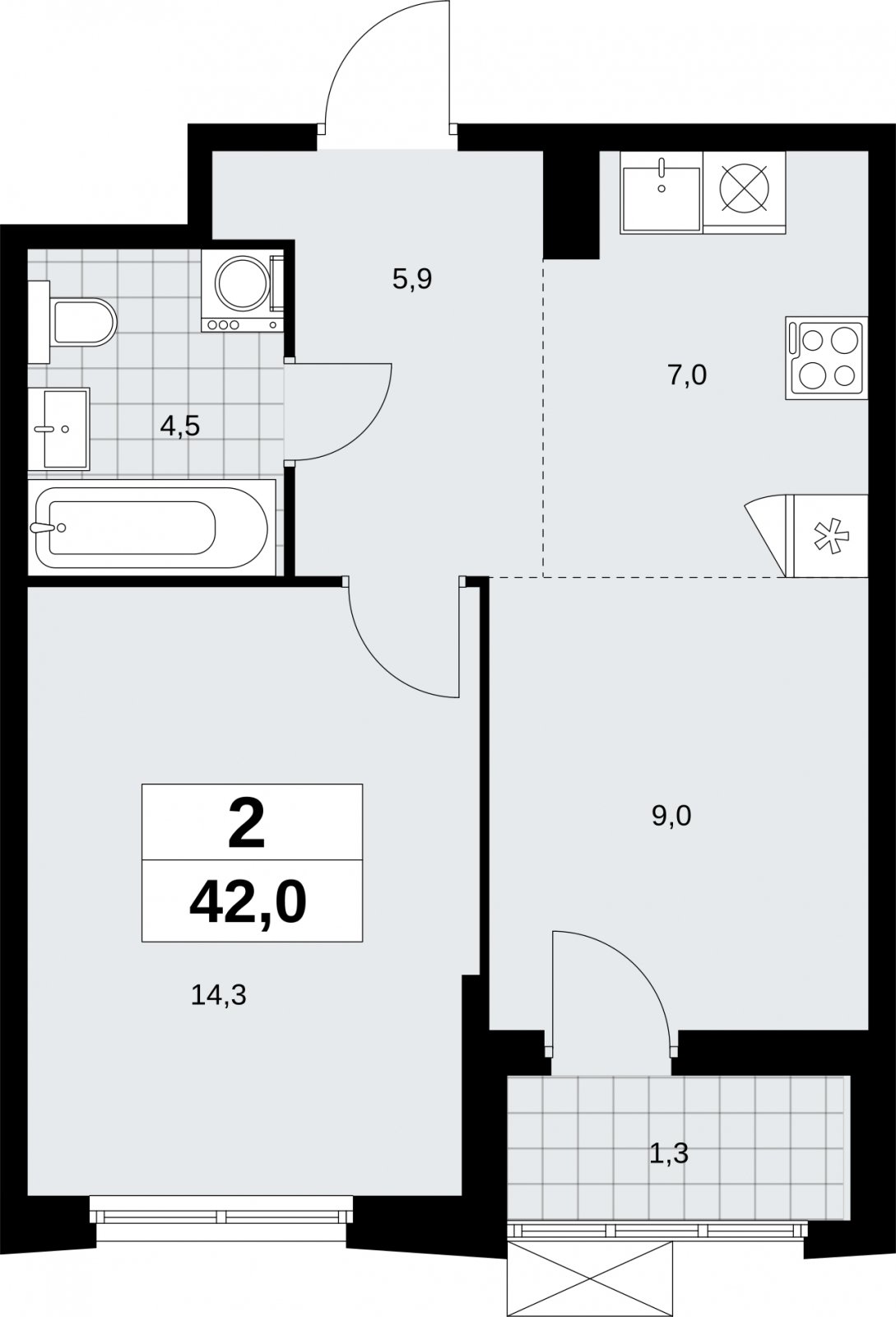 2-комнатная квартира (евро) без отделки, 42 м2, 8 этаж, сдача 1 квартал 2026 г., ЖК Дзен-кварталы, корпус 6.2.2 - объявление 2328684 - фото №1