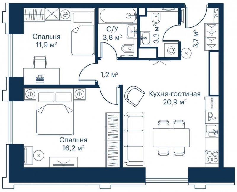 2-комнатная квартира с частичной отделкой, 62.22 м2, 2 этаж, сдача 2 квартал 2024 г., ЖК City Bay, корпус Indian Ocean 6 - объявление 1671496 - фото №1