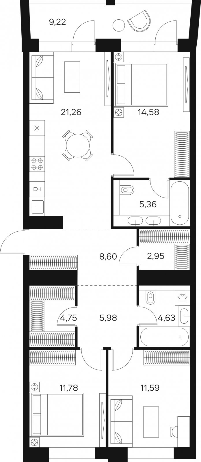 3-комнатная квартира без отделки, 96.09 м2, 2 этаж, сдача 4 квартал 2024 г., ЖК FØRST, корпус 2 - объявление 1942996 - фото №1
