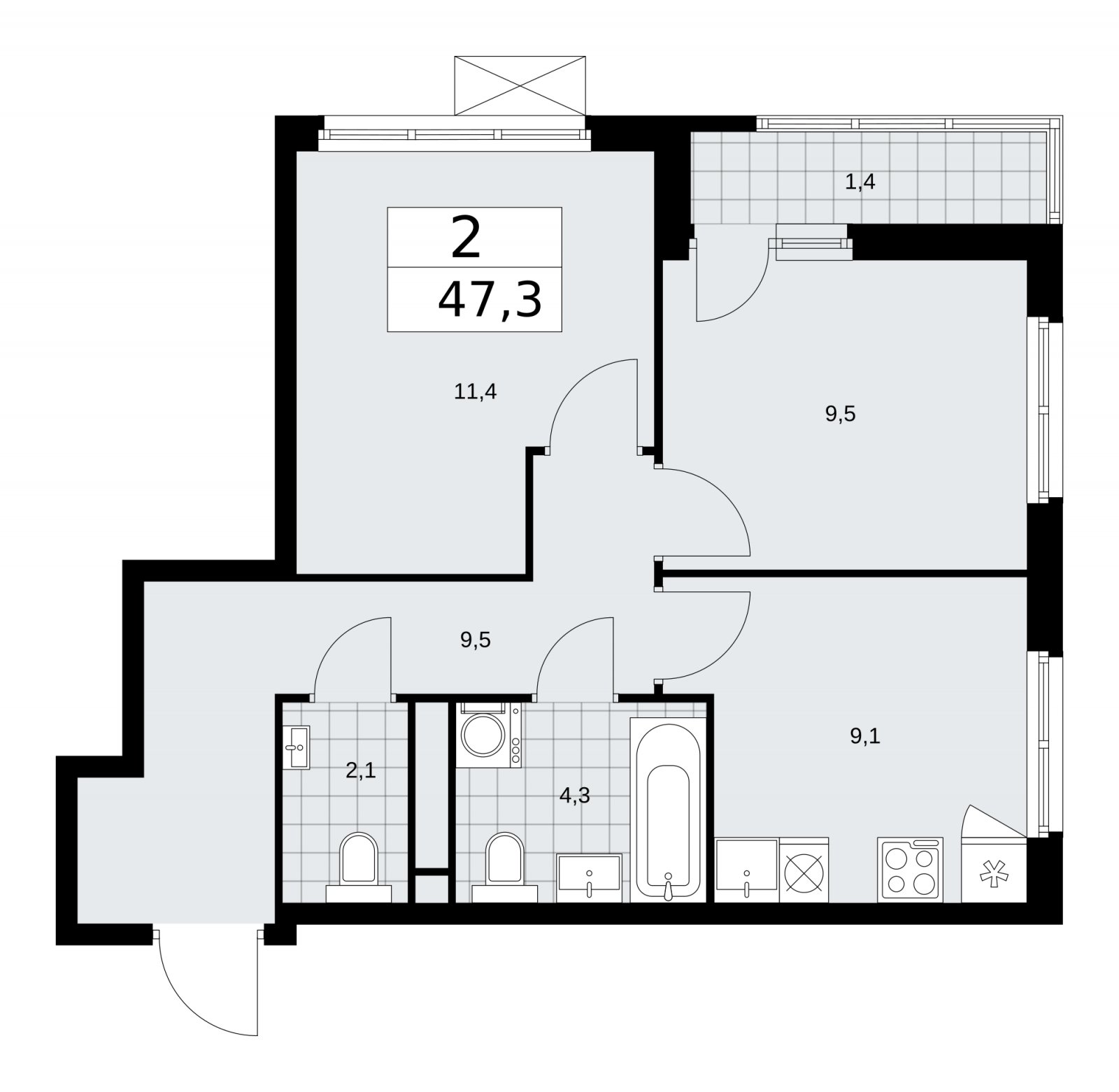 2-комнатная квартира с частичной отделкой, 47.3 м2, 7 этаж, сдача 1 квартал 2026 г., ЖК Прокшино, корпус 11.1.1 - объявление 2257202 - фото №1