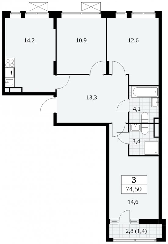 3-комнатная квартира без отделки, 74.5 м2, 7 этаж, сдача 3 квартал 2024 г., ЖК Прокшино, корпус 8.5 - объявление 1684428 - фото №1