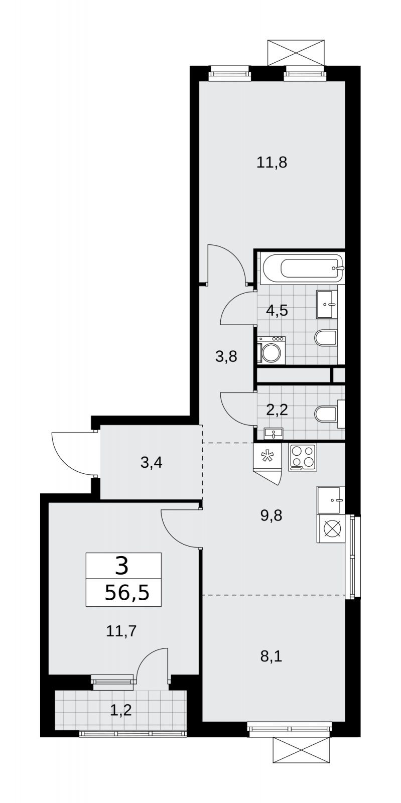 3-комнатная квартира (евро) без отделки, 56.5 м2, 10 этаж, сдача 1 квартал 2026 г., ЖК Прокшино, корпус 11.2.1 - объявление 2270026 - фото №1