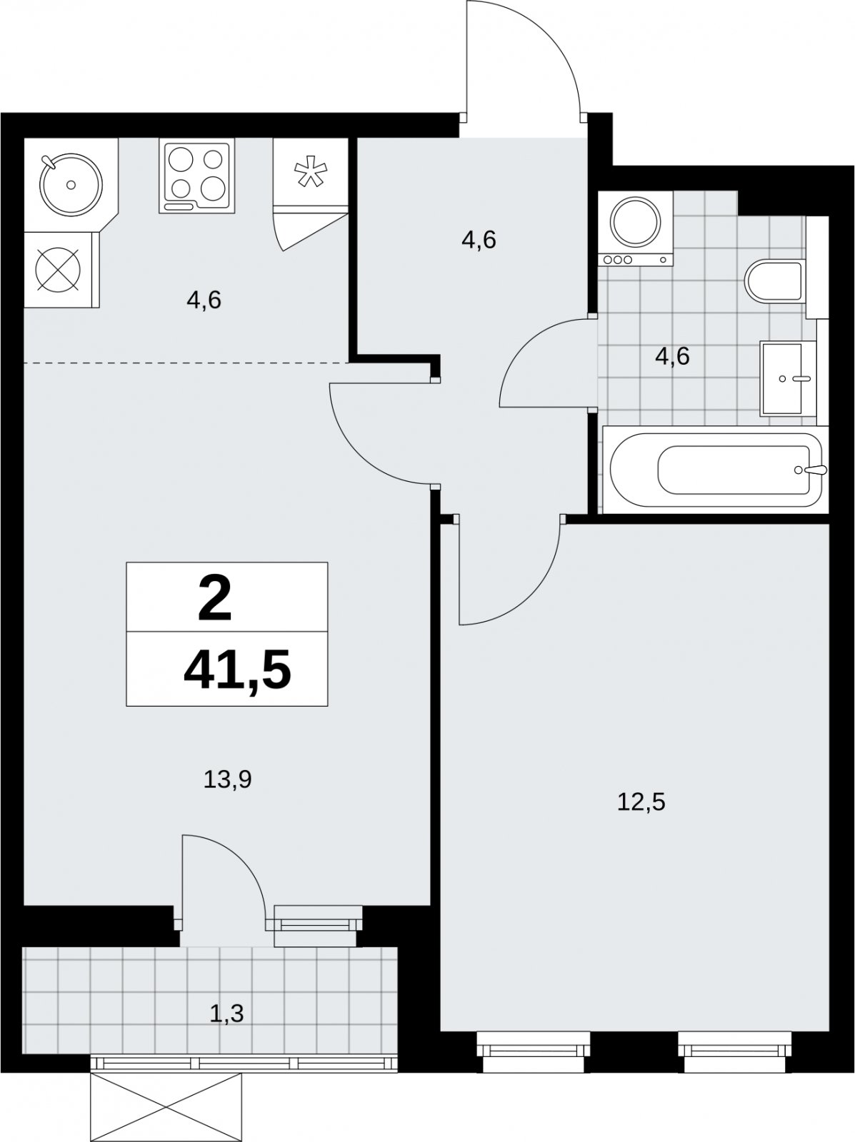 2-комнатная квартира (евро) без отделки, 41.5 м2, 4 этаж, сдача 2 квартал 2026 г., ЖК Бунинские кварталы, корпус 9.1 - объявление 2324002 - фото №1