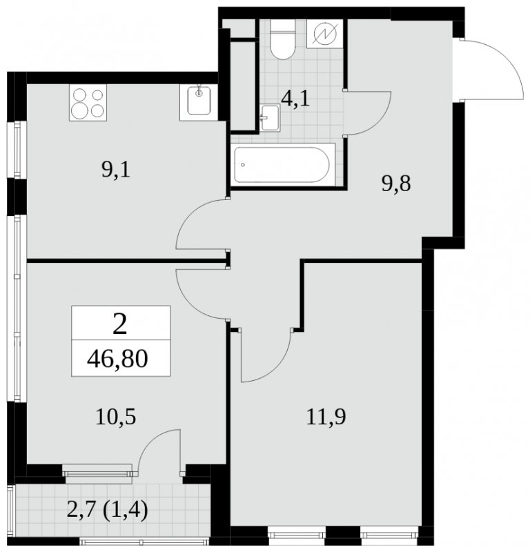 2-комнатная квартира без отделки, 46.8 м2, 22 этаж, сдача 2 квартал 2025 г., ЖК Южные сады, корпус 2.3 - объявление 1758386 - фото №1