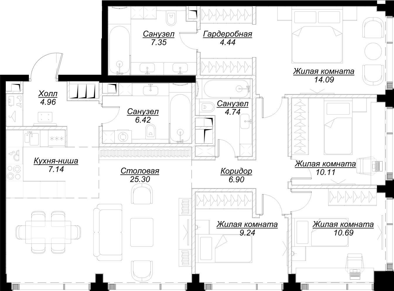 4-комнатная квартира с частичной отделкой, 111.08 м2, 49 этаж, сдача 4 квартал 2024 г., ЖК MOD, корпус Dreiser - объявление 2275971 - фото №1