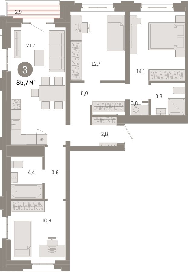 3-комнатная квартира с частичной отделкой, 85.7 м2, 3 этаж, сдача 3 квартал 2026 г., ЖК Квартал Метроном, корпус 1 - объявление 2300713 - фото №1