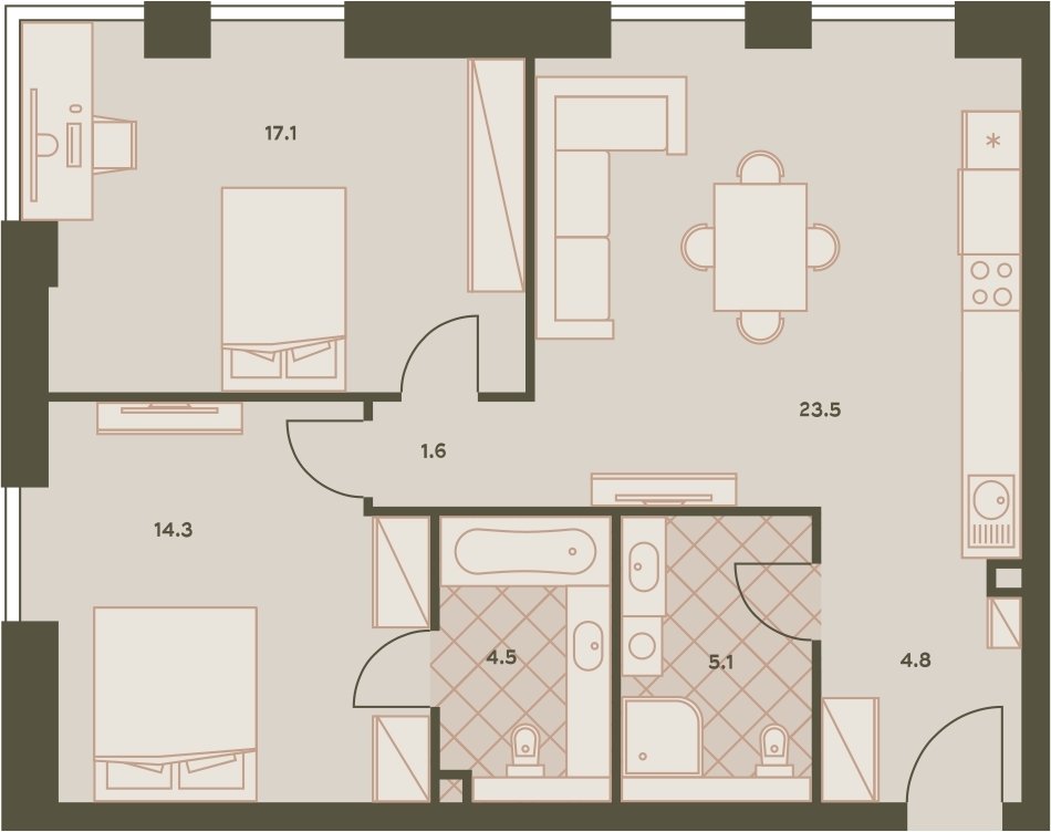 3-комнатная квартира (евро) без отделки, 70.9 м2, 7 этаж, сдача 3 квартал 2023 г., ЖК Eniteo, корпус 2 - объявление 2230244 - фото №1