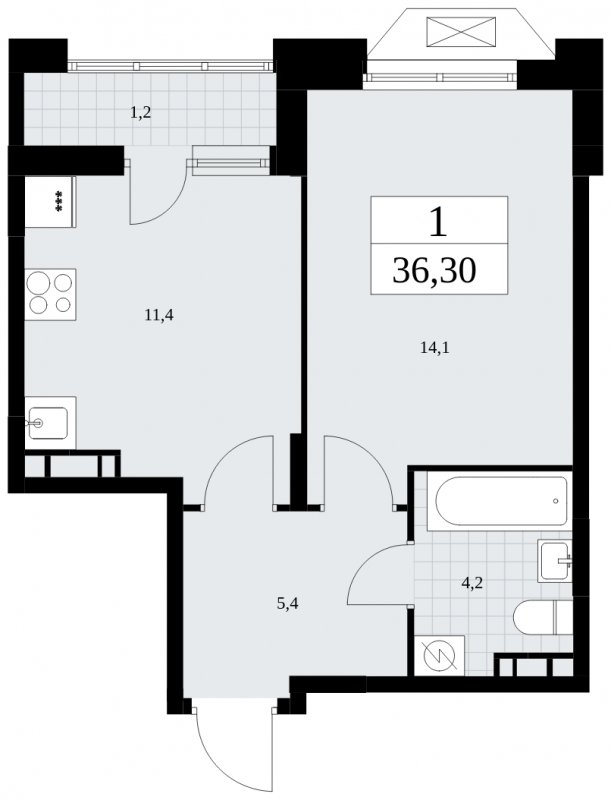 1-комнатная квартира без отделки, 36.3 м2, 7 этаж, сдача 1 квартал 2025 г., ЖК Бунинские кварталы, корпус 1.3 - объявление 1863522 - фото №1