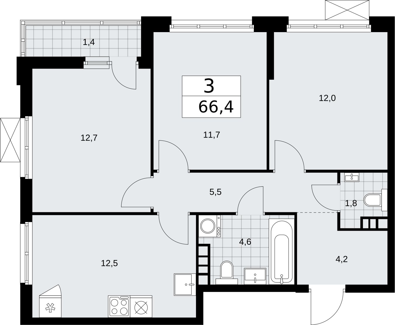 3-комнатная квартира с частичной отделкой, 66.4 м2, 7 этаж, сдача 2 квартал 2026 г., ЖК Бунинские кварталы, корпус 5.1 - объявление 2296849 - фото №1