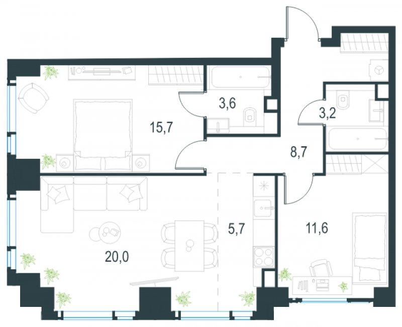 3-комнатная квартира без отделки, 68.5 м2, 26 этаж, сдача 2 квартал 2025 г., ЖК Level Мичуринский, корпус 1 - объявление 1775374 - фото №1
