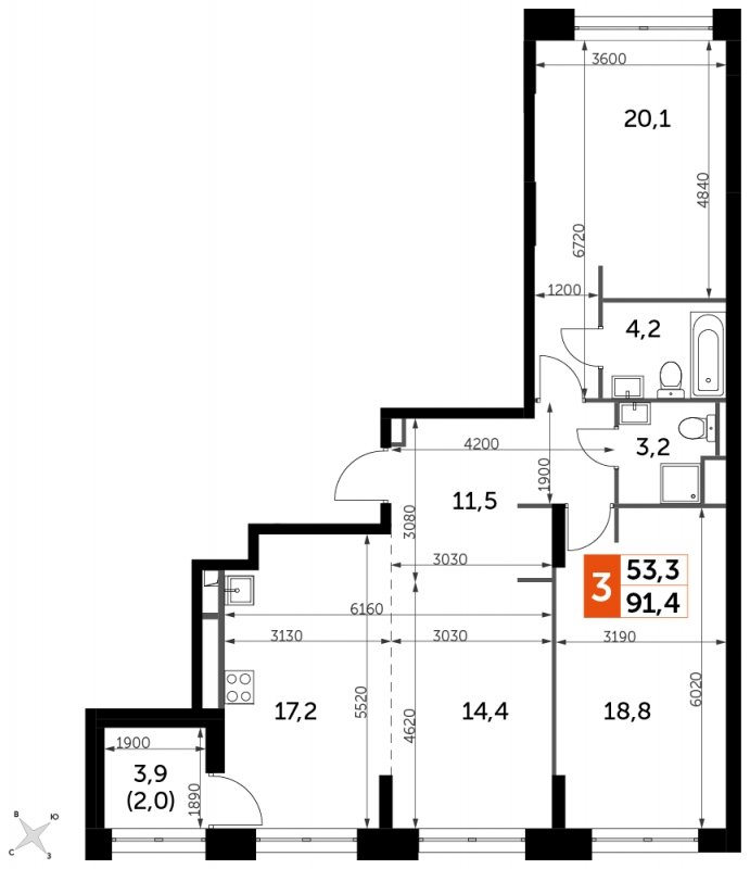 3-комнатная квартира без отделки, 91.4 м2, 16 этаж, сдача 1 квартал 2023 г., ЖК Sydney City, корпус 2 - объявление 1664184 - фото №1