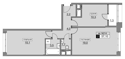2-комнатная квартира без отделки, 57.9 м2, 15 этаж, сдача 4 квартал 2022 г., ЖК Румянцево-Парк, корпус 3 - объявление 1933366 - фото №1