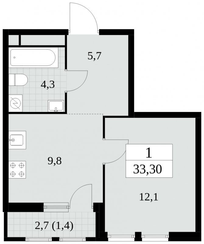 1-комнатная квартира без отделки, 33.3 м2, 9 этаж, сдача 2 квартал 2025 г., ЖК Южные сады, корпус 2.4 - объявление 1760219 - фото №1