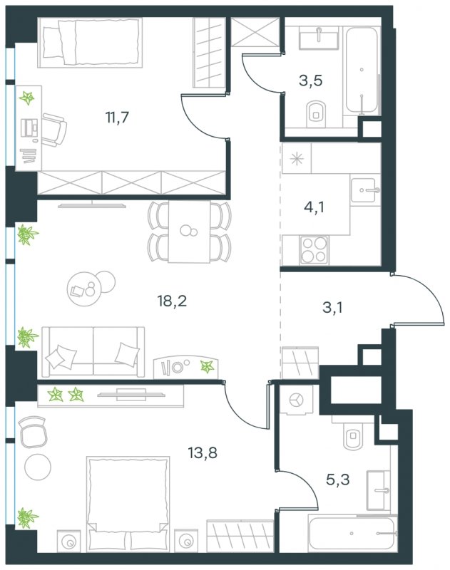 3-комнатная квартира (евро) с частичной отделкой, 59.7 м2, 15 этаж, сдача 4 квартал 2024 г., ЖК Level Мичуринский, корпус 5 - объявление 1635458 - фото №1