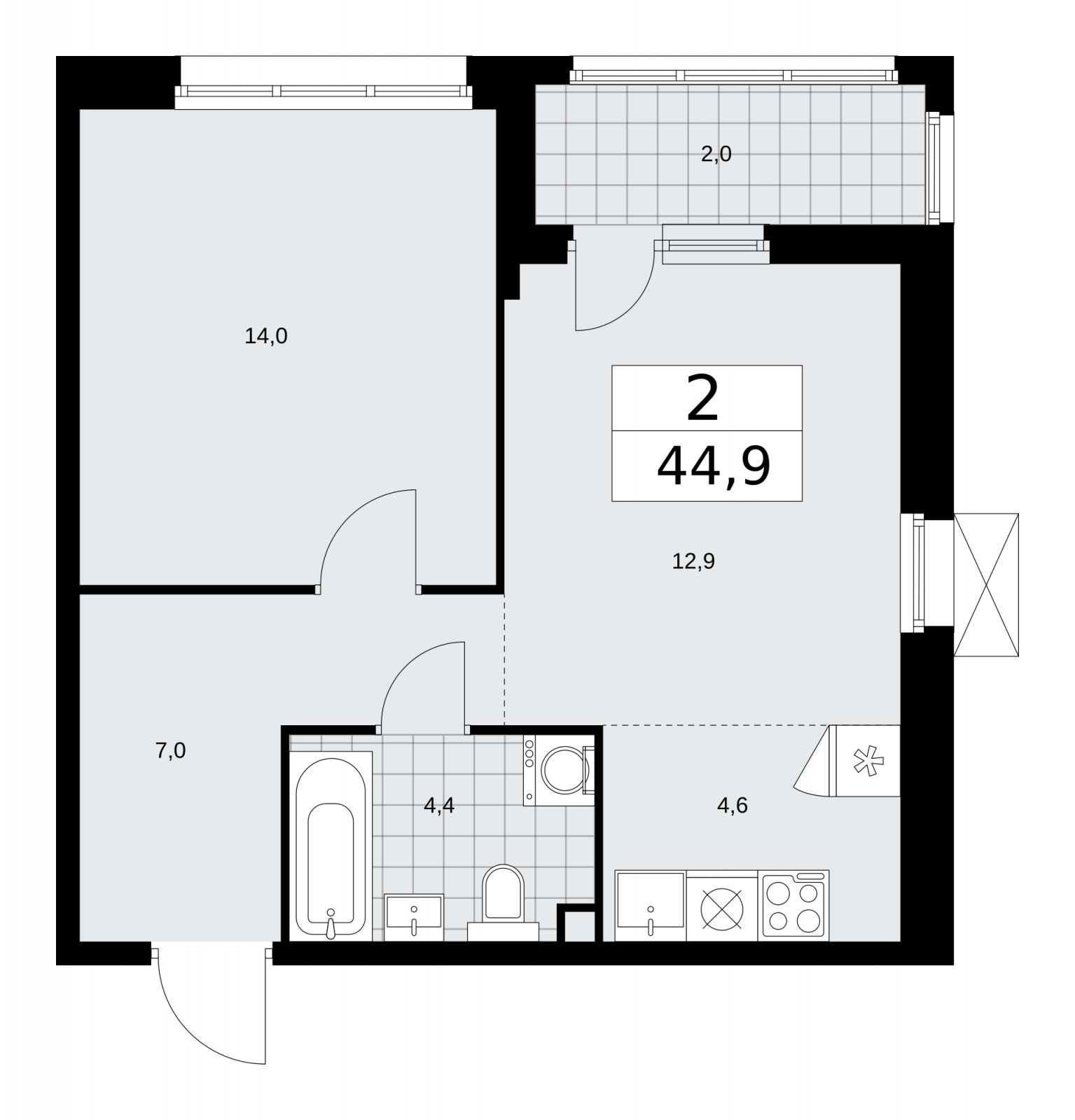 2-комнатная квартира (евро) без отделки, 44.9 м2, 2 этаж, сдача 1 квартал 2026 г., ЖК Дзен-кварталы, корпус 4.3 - объявление 2251732 - фото №1