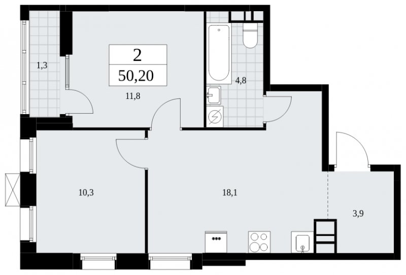 2-комнатная квартира без отделки, 50.2 м2, 9 этаж, сдача 2 квартал 2025 г., ЖК Дзен-кварталы, корпус 2.3 - объявление 1932577 - фото №1