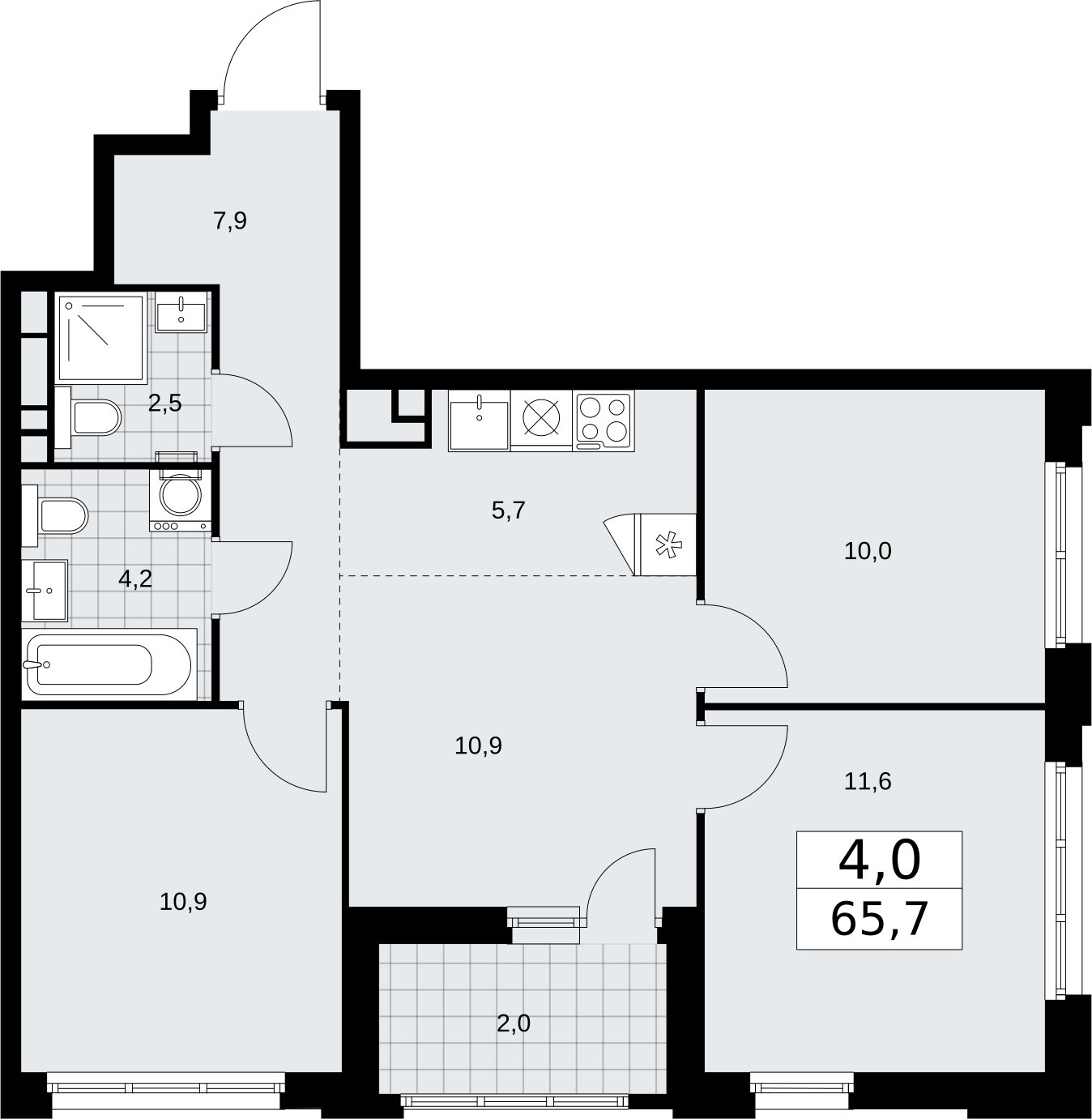 4-комнатная квартира (евро) с частичной отделкой, 65.7 м2, 10 этаж, сдача 2 квартал 2026 г., ЖК Дзен-кварталы, корпус 3.3 - объявление 2400297 - фото №1