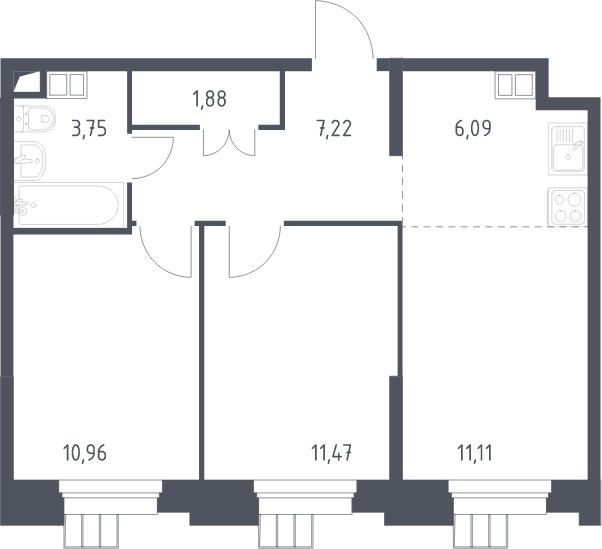 3-комнатные апартаменты с полной отделкой, 52.5 м2, 5 этаж, сдача 1 квартал 2023 г., ЖК Тропарево Парк, корпус 1.1 - объявление 2066207 - фото №1