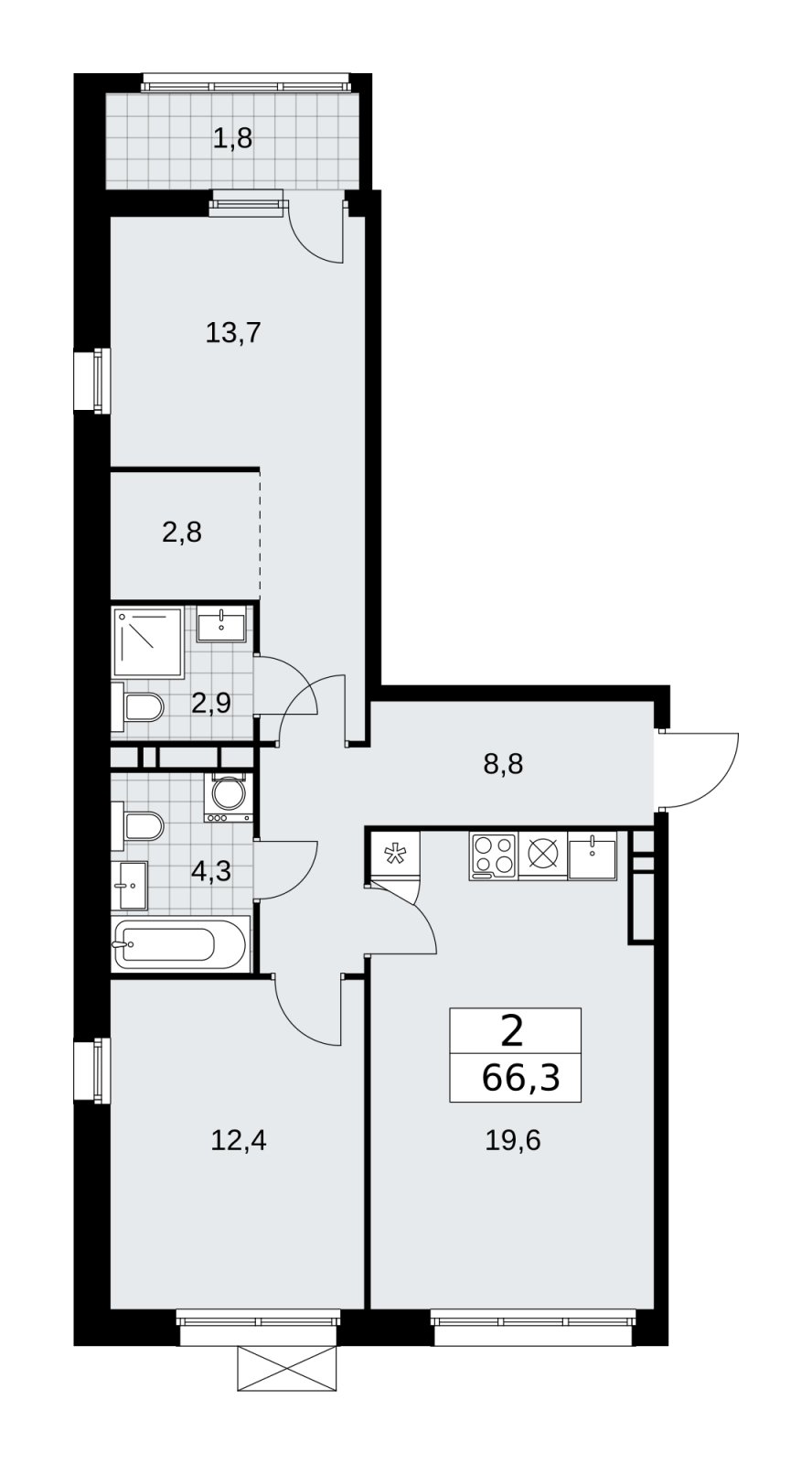 2-комнатная квартира без отделки, 66.3 м2, 12 этаж, сдача 1 квартал 2026 г., ЖК Дзен-кварталы, корпус 4.3 - объявление 2251779 - фото №1