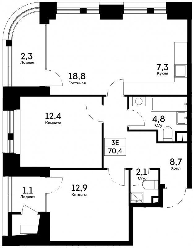 3-комнатная квартира 70.4 м2, 10 этаж, сдача 4 квартал 2022 г., ЖК Квартал на набережной NOW, корпус 2.1 - объявление 1658097 - фото №1
