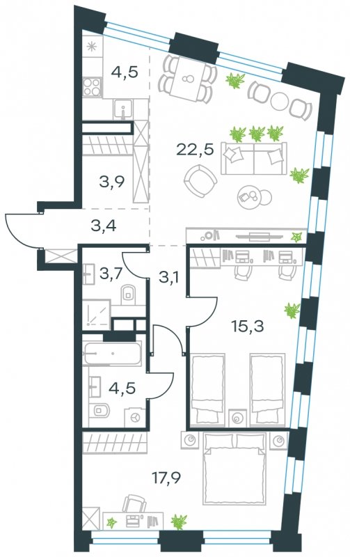 3-комнатная квартира с частичной отделкой, 78.8 м2, 23 этаж, сдача 4 квартал 2023 г., ЖК Level Нагатинская, корпус В - объявление 1770474 - фото №1