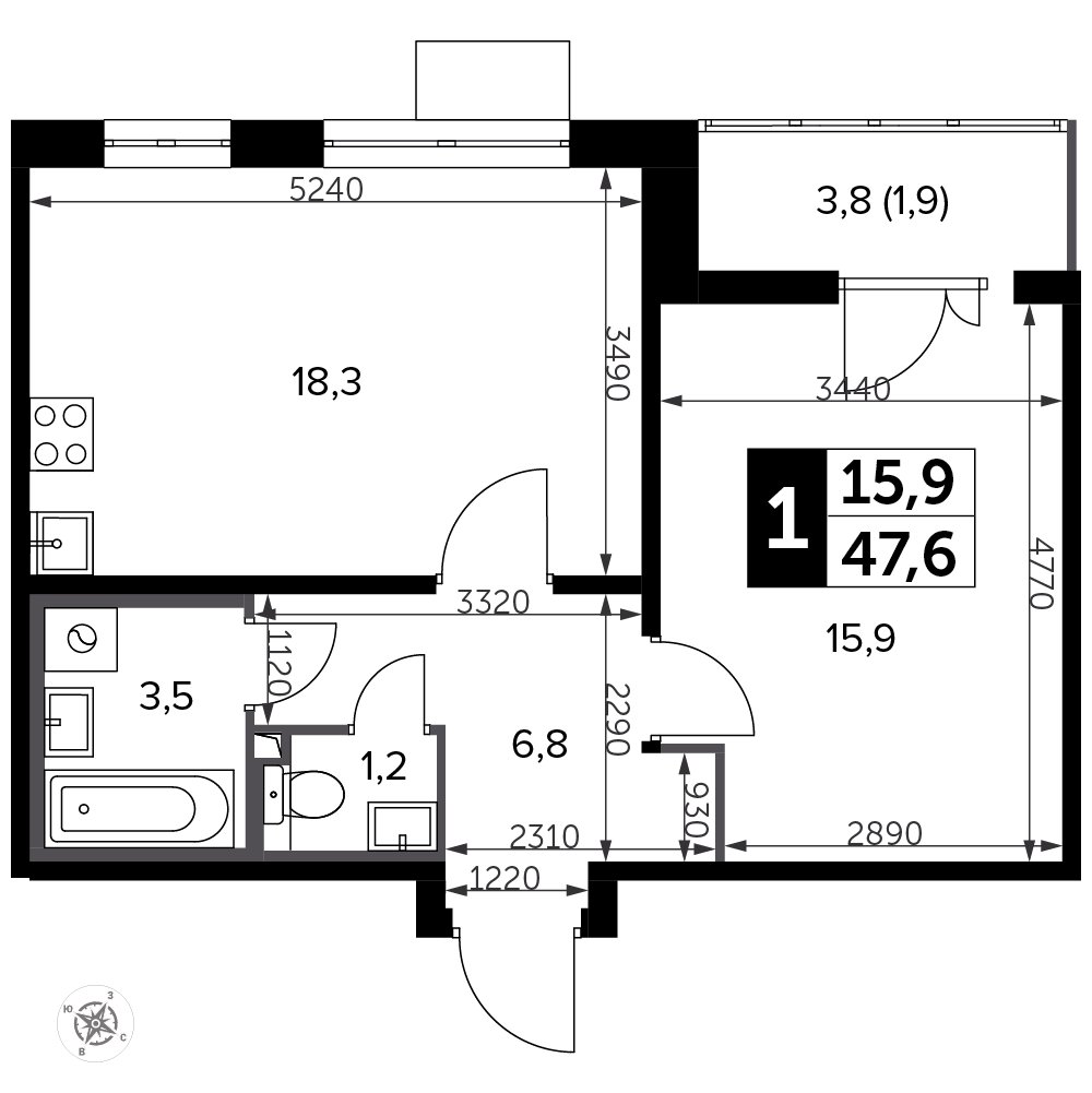 1-комнатная квартира с частичной отделкой, 47.7 м2, 17 этаж, дом сдан, ЖК Южная Битца, корпус 12 - объявление 2398596 - фото №1