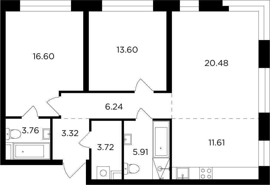 3-комнатная квартира без отделки, 85.24 м2, 13 этаж, дом сдан, ЖК FORIVER, корпус 3 - объявление 2371275 - фото №1