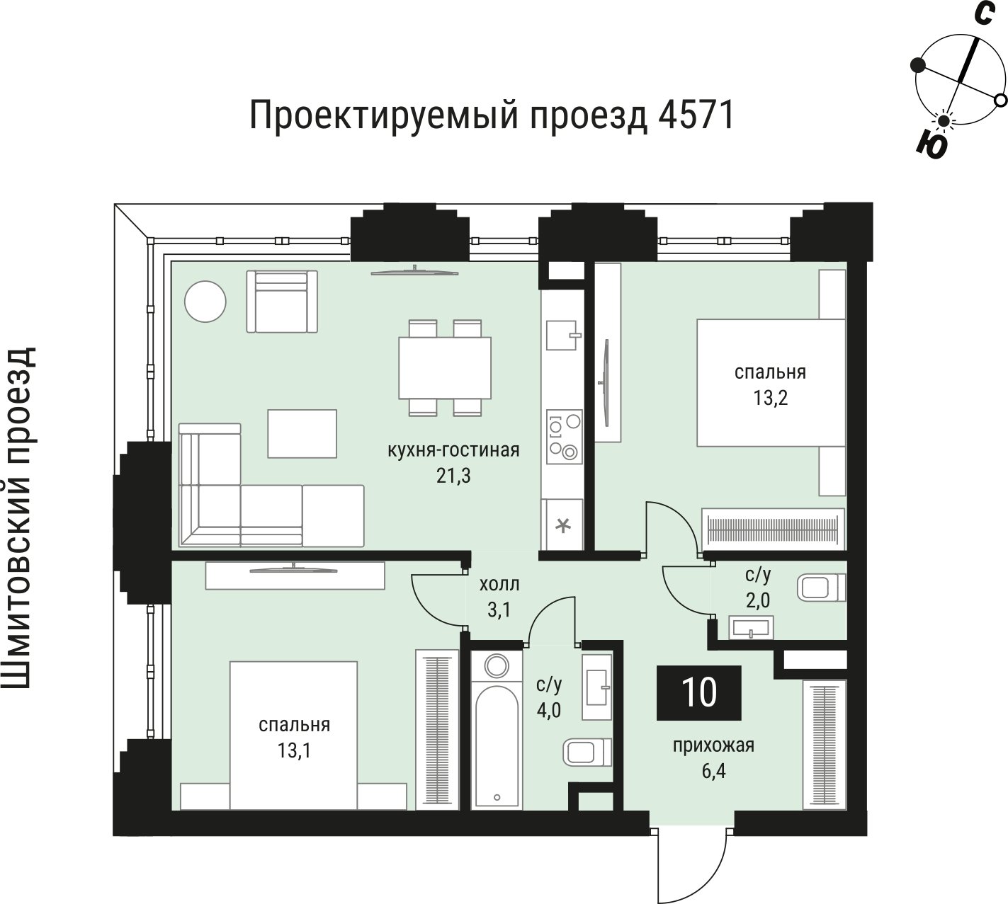 2-комнатная квартира без отделки, 63.6 м2, 3 этаж, сдача 2 квартал 2026 г., ЖК Шелепиха, корпус 1 - объявление 2383578 - фото №1