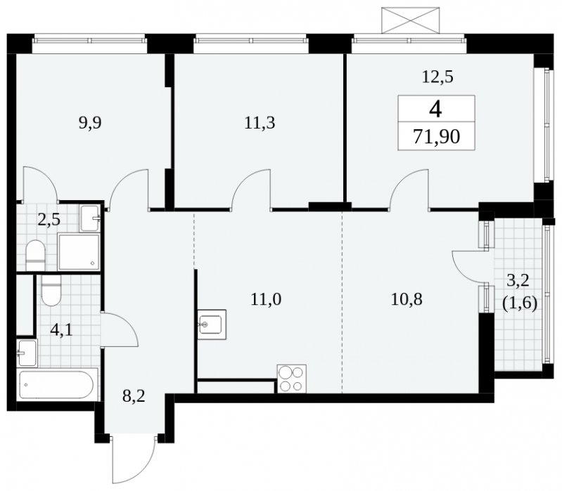 4-комнатная квартира (евро) с полной отделкой, 71.9 м2, 13 этаж, сдача 3 квартал 2024 г., ЖК Прокшино, корпус 8.3 - объявление 1683971 - фото №1