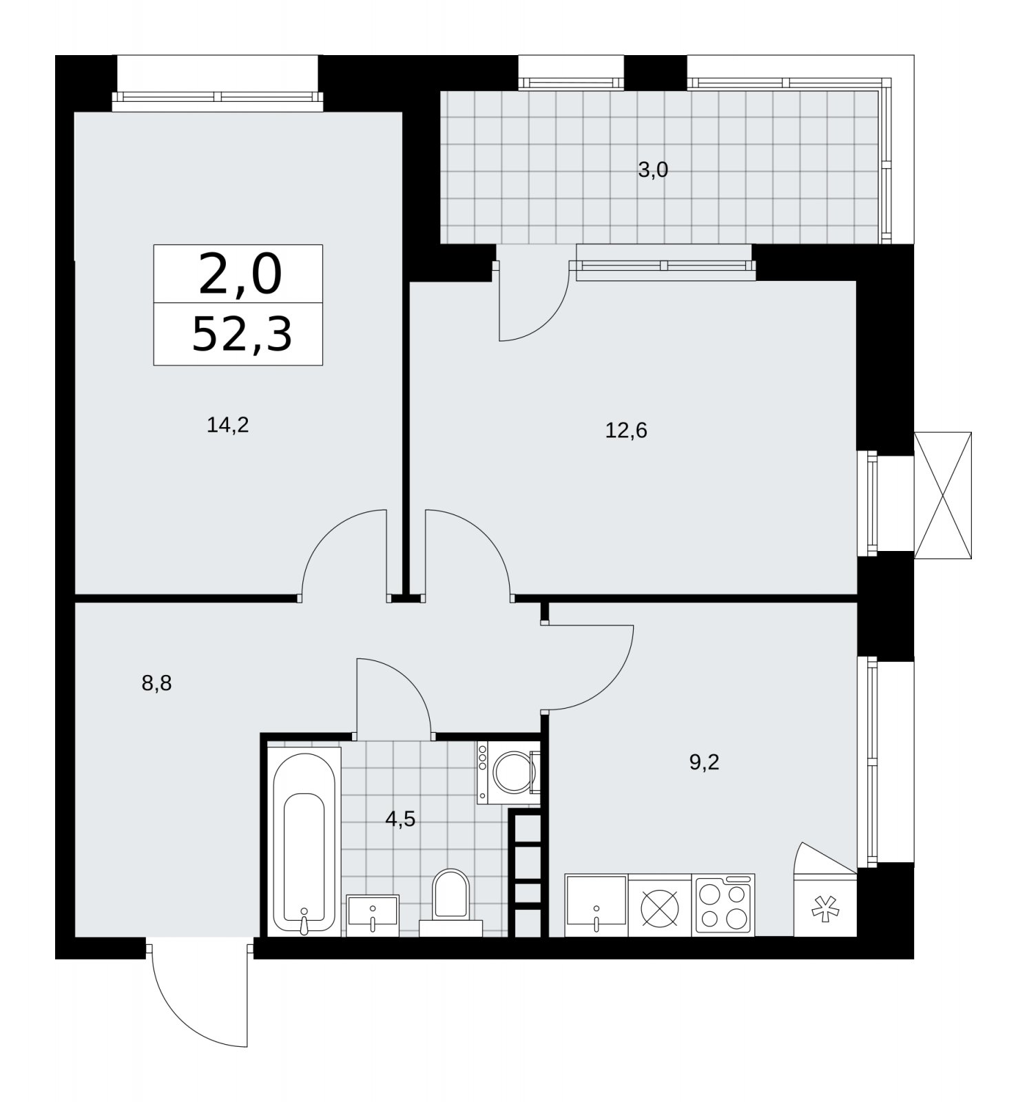 2-комнатная квартира с частичной отделкой, 52.3 м2, 10 этаж, сдача 1 квартал 2026 г., ЖК Бунинские кварталы, корпус 6.1 - объявление 2252434 - фото №1