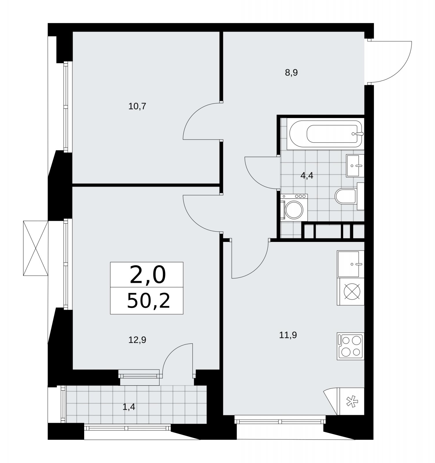 2-комнатная квартира с частичной отделкой, 50.2 м2, 6 этаж, сдача 1 квартал 2026 г., ЖК Бунинские кварталы, корпус 6.2 - объявление 2252548 - фото №1