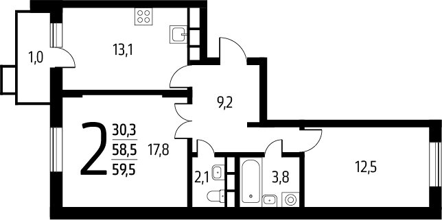 2-комнатная квартира с полной отделкой, 59.5 м2, 2 этаж, сдача 1 квартал 2025 г., ЖК Новые Ватутинки. Заречный, корпус 5/2 - объявление 2271823 - фото №1